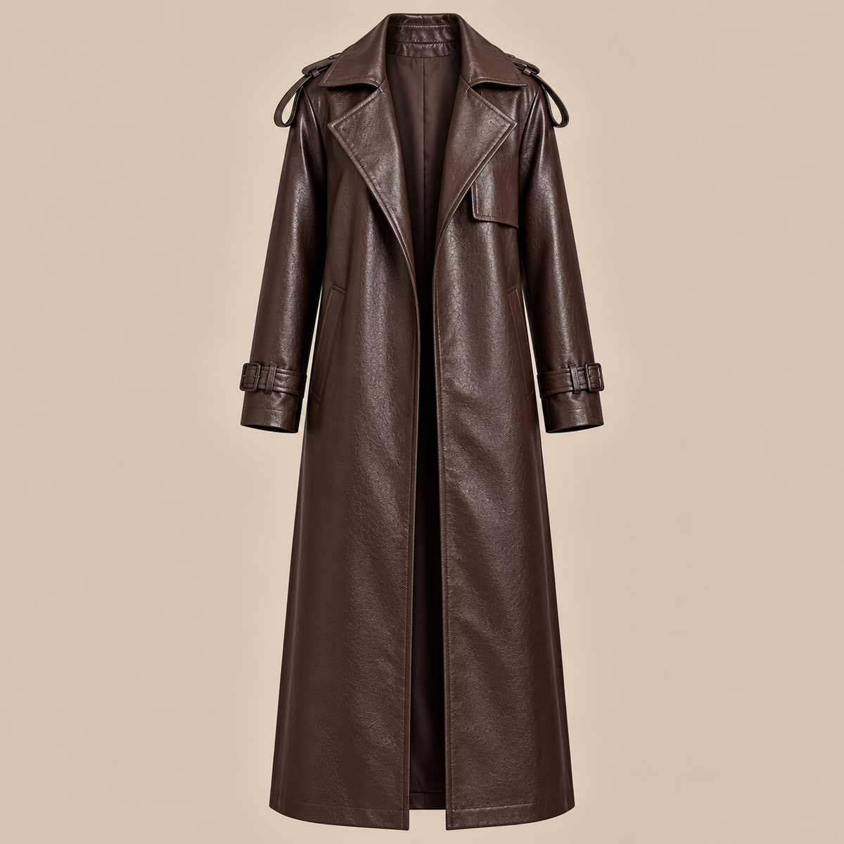 Demi | Trenchcoat Damen Lang in Lederoptik mit Bindegürtel