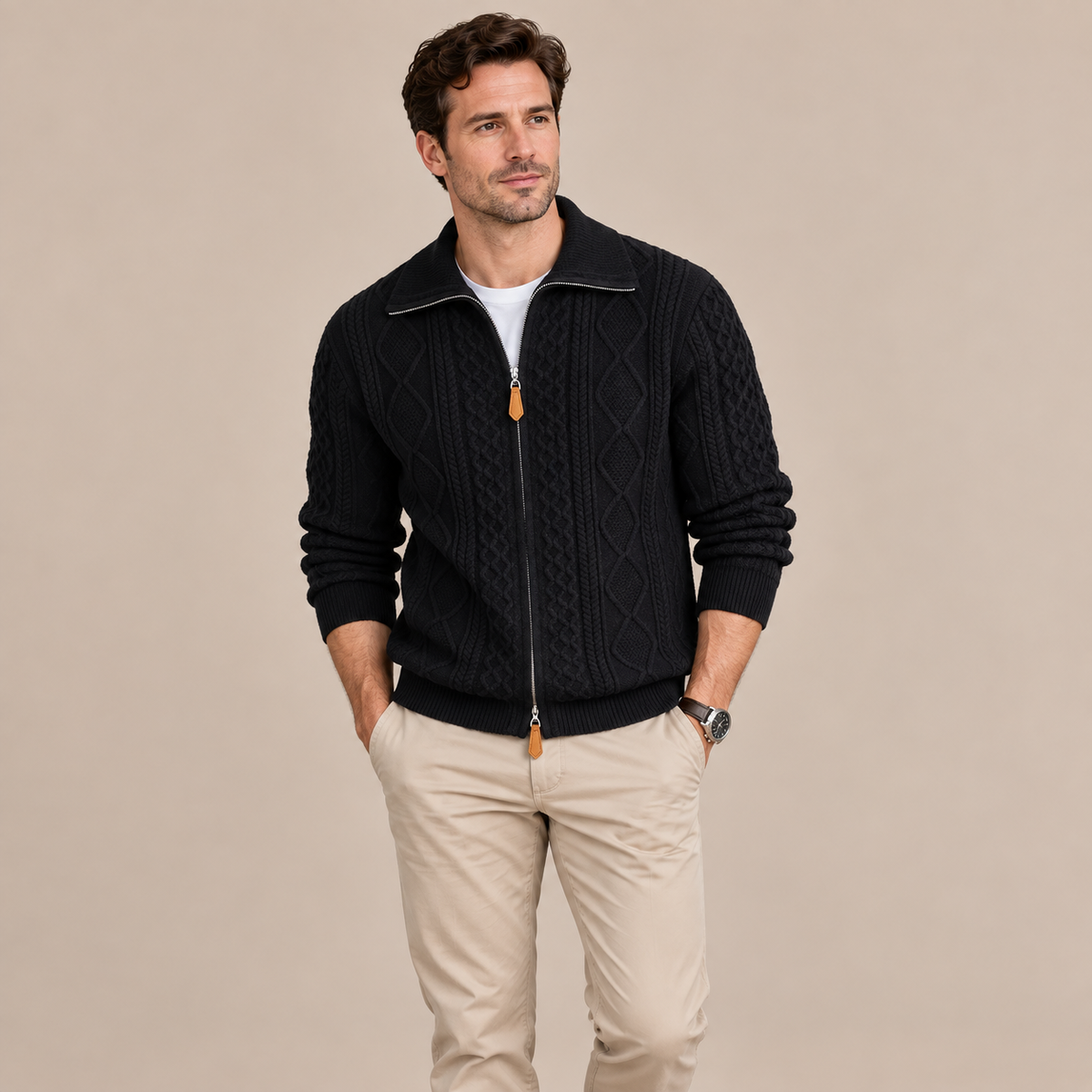 Markus | Cardigan Herren mit Zopfmuster und Reissverschluss