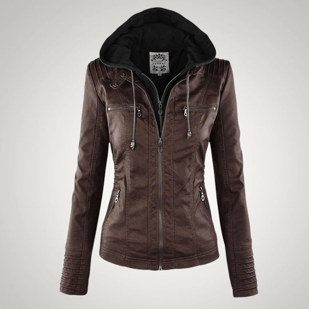 Vivienne | Damen Taillierte Faux Lederjacke mit Kapuzen
