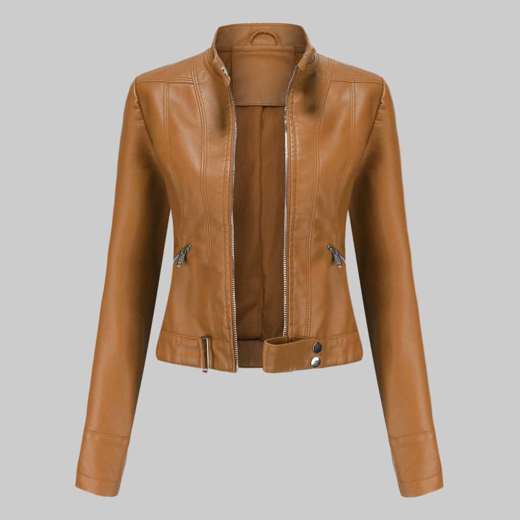Mera | Damen Elegante Faux Leder Bikerjacke mit Gürtel
