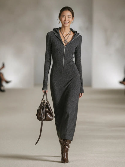 Evelyne | Damen Lässiges Kapuzen Zip Maxikleid