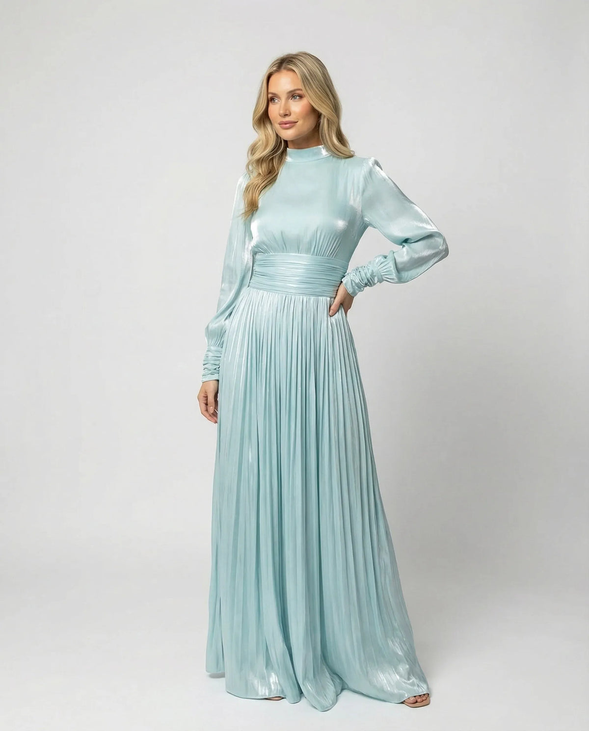 Monika | Damen Plissee Maxikleid mit Langarm