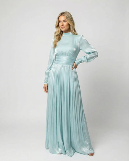 Monika | Damen Plissee Maxikleid mit Langarm