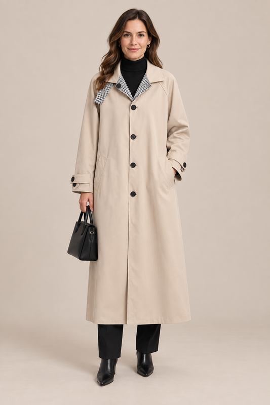 Adeline | Trenchcoat Damen Lang mit Kontrastkragen