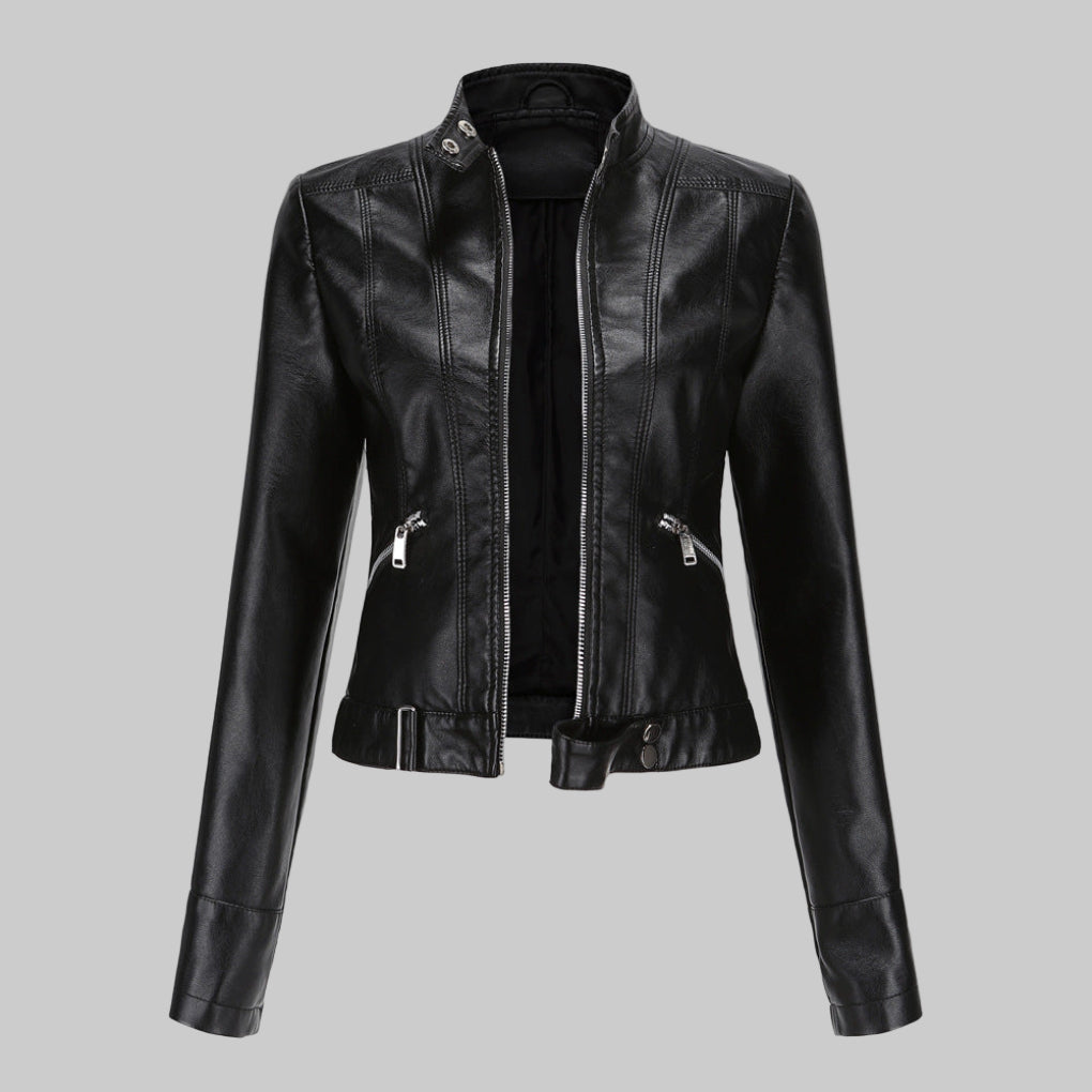 Mera | Damen Elegante Faux Leder Bikerjacke mit Gürtel
