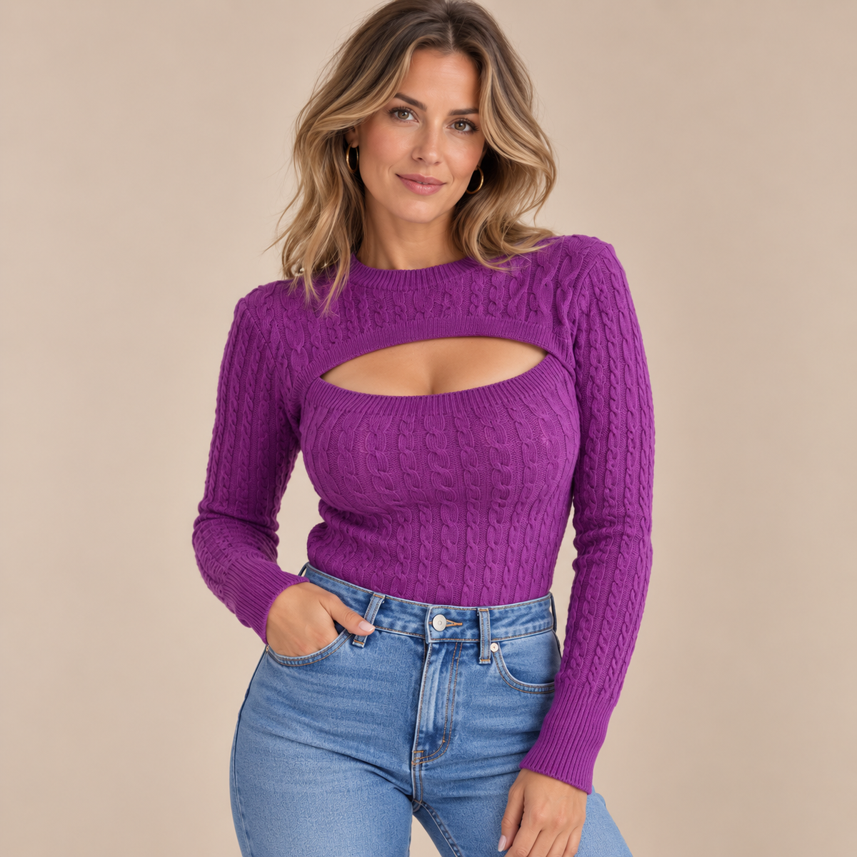 Cristy | Strickpullover Damen mit Cut-Out und Zopfmuster