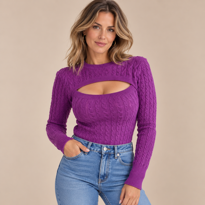 Cristy | Strickpullover Damen mit Cut-Out und Zopfmuster