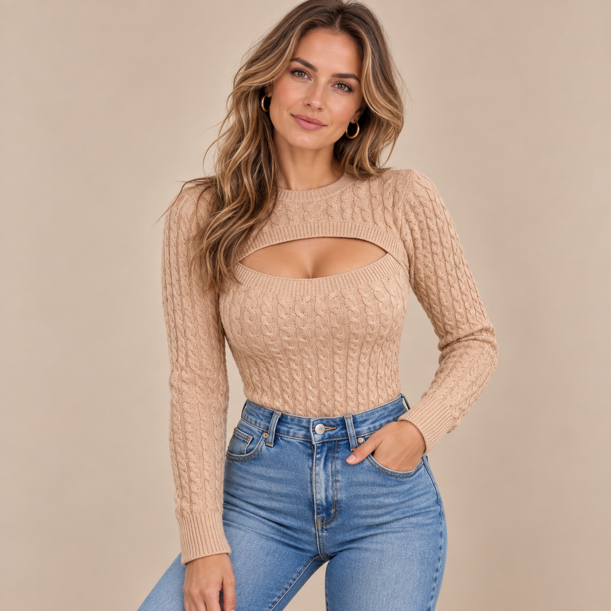 Cristy | Strickpullover Damen mit Cut-Out und Zopfmuster