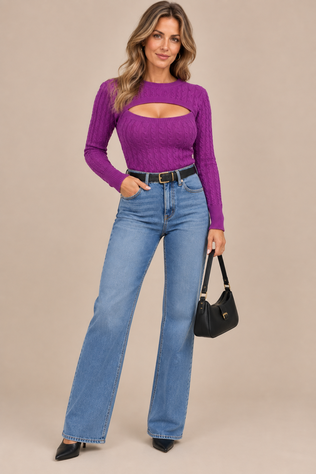 Cristy | Strickpullover Damen mit Cut-Out und Zopfmuster