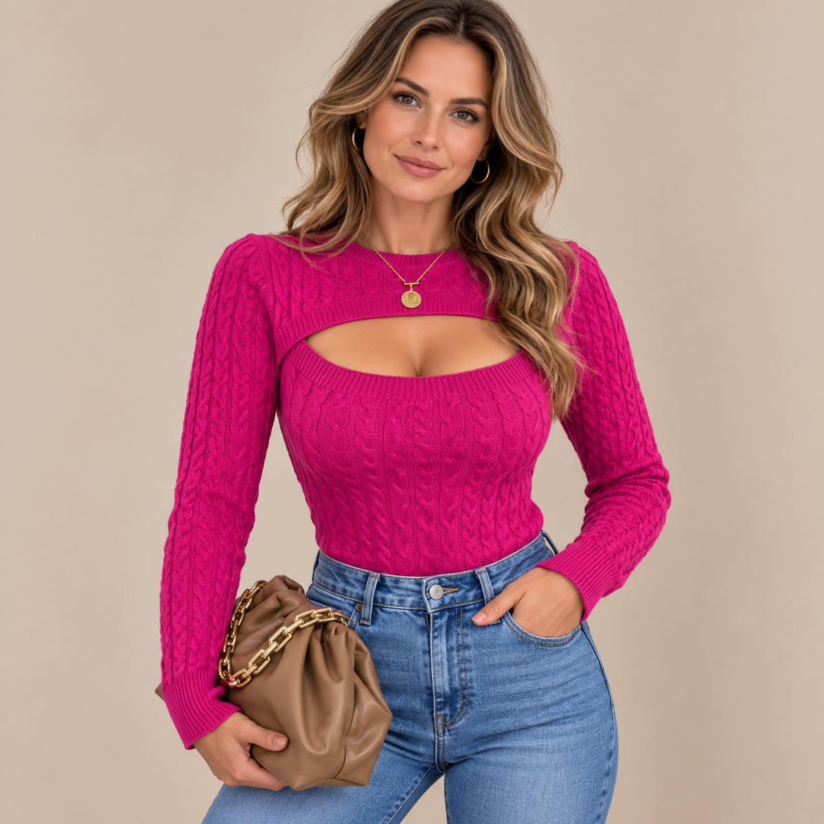 Cristy | Strickpullover Damen mit Cut-Out und Zopfmuster
