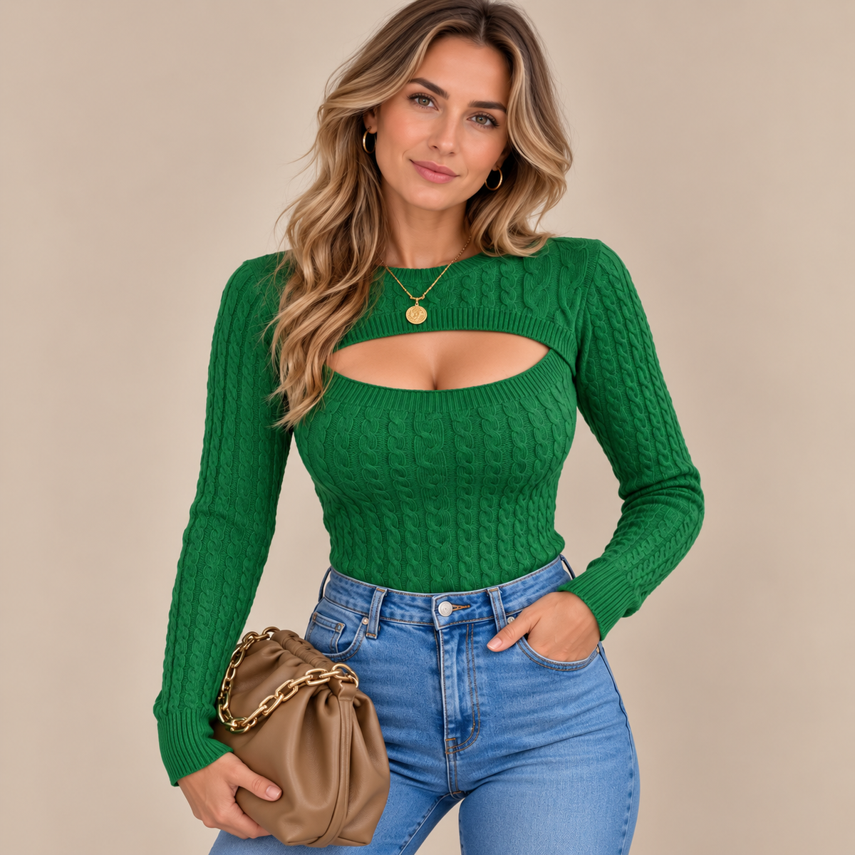 Cristy | Strickpullover Damen mit Cut-Out und Zopfmuster