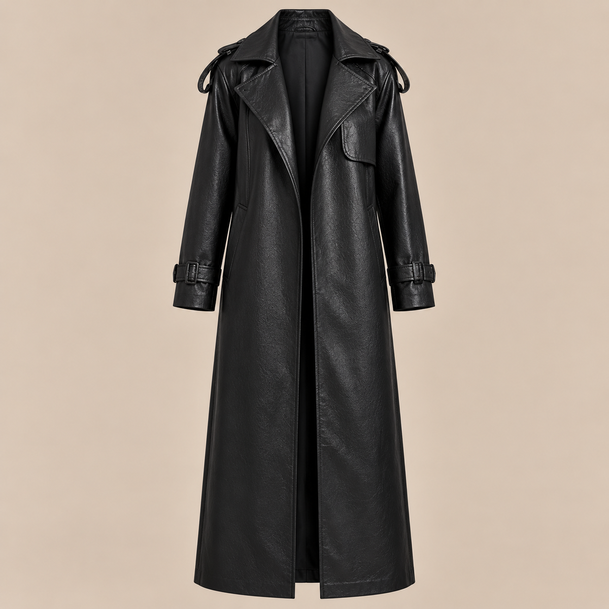 Demi | Trenchcoat Damen Lang in Lederoptik mit Bindegürtel