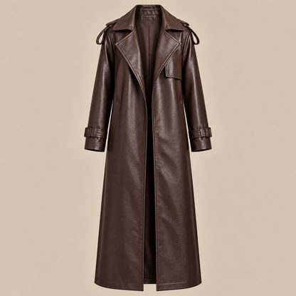 Demi | Trenchcoat Damen Lang in Lederoptik mit Bindegürtel
