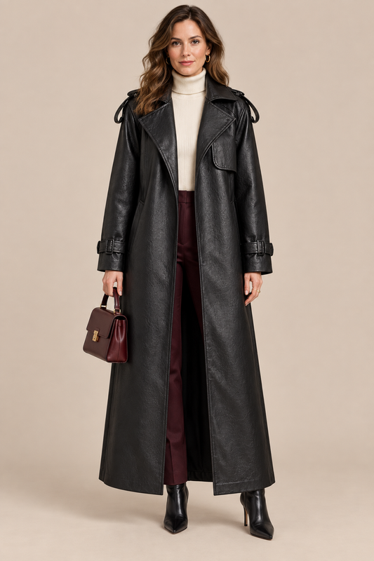 Demi | Trenchcoat Damen Lang in Lederoptik mit Bindegürtel
