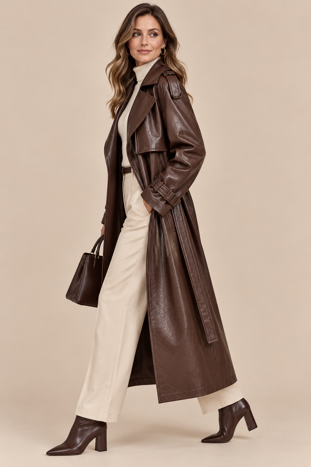 Demi | Trenchcoat Damen Lang in Lederoptik mit Bindegürtel