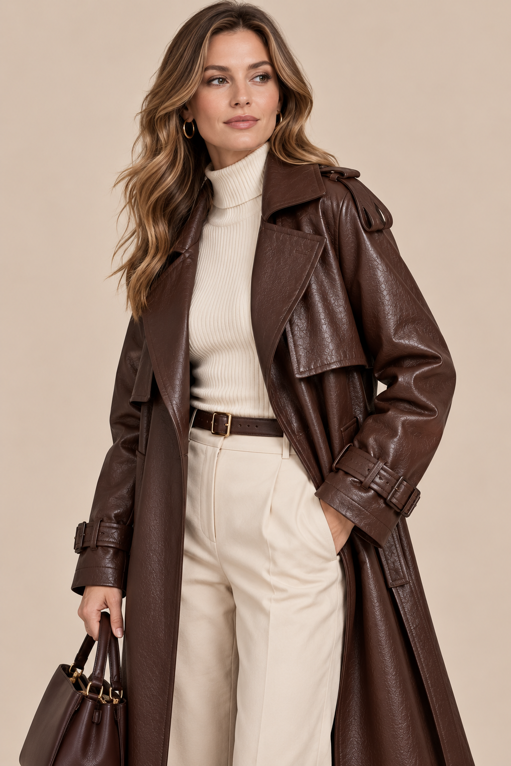 Demi | Trenchcoat Damen Lang in Lederoptik mit Bindegürtel