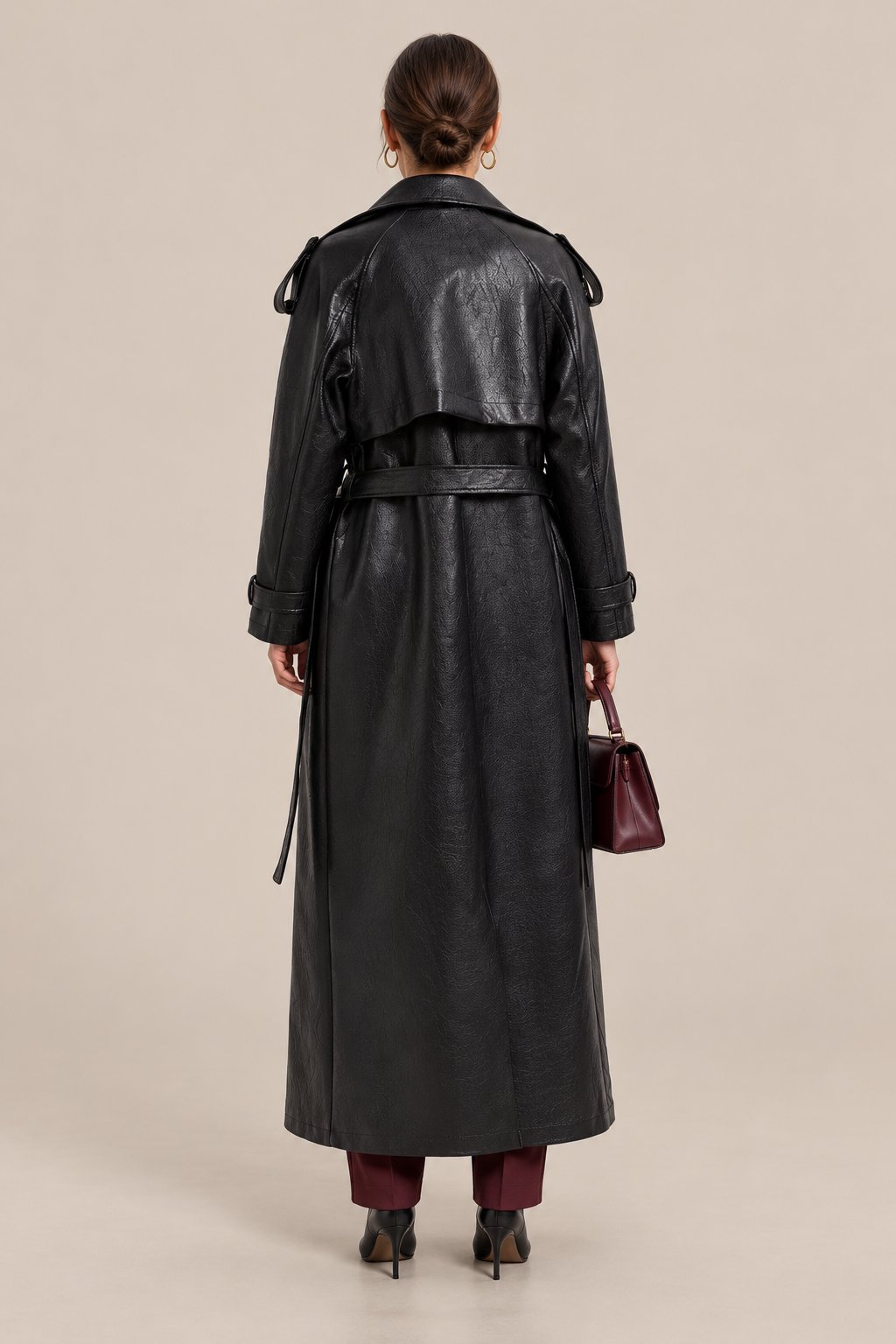 Demi | Trenchcoat Damen Lang in Lederoptik mit Bindegürtel