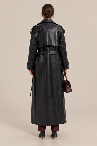 Demi | Trenchcoat Damen Lang in Lederoptik mit Bindegürtel