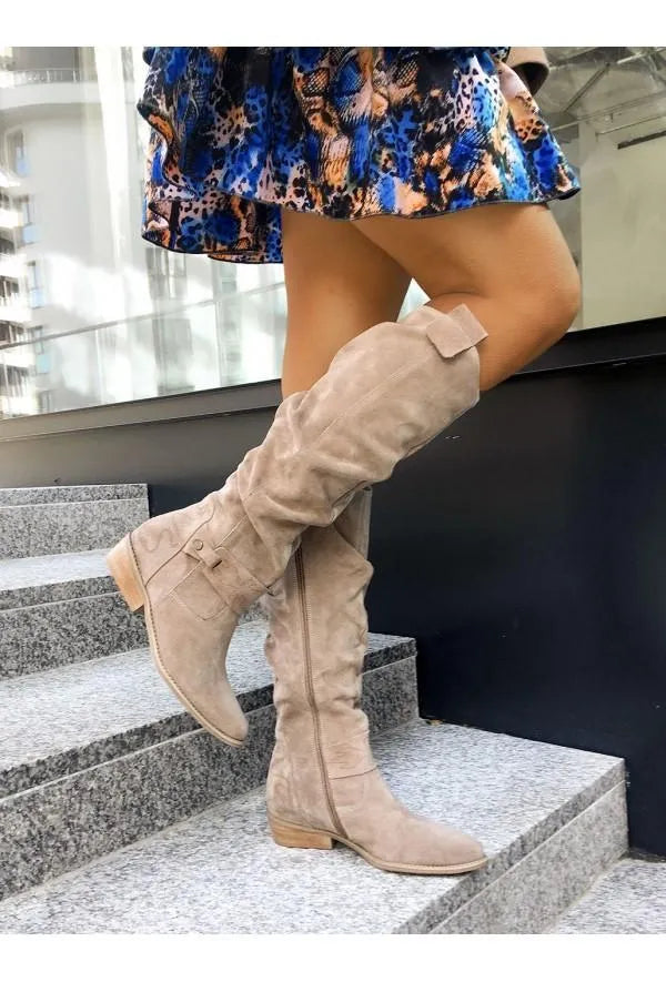 Ilona | Damen Kniehohe Niedriger Absatz Wildlederstiefel
