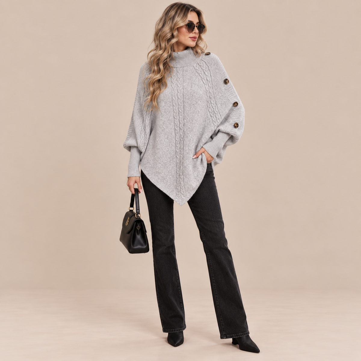 Kolin | Wollpullover Damen im Poncho-Stil mit Zopfmuster