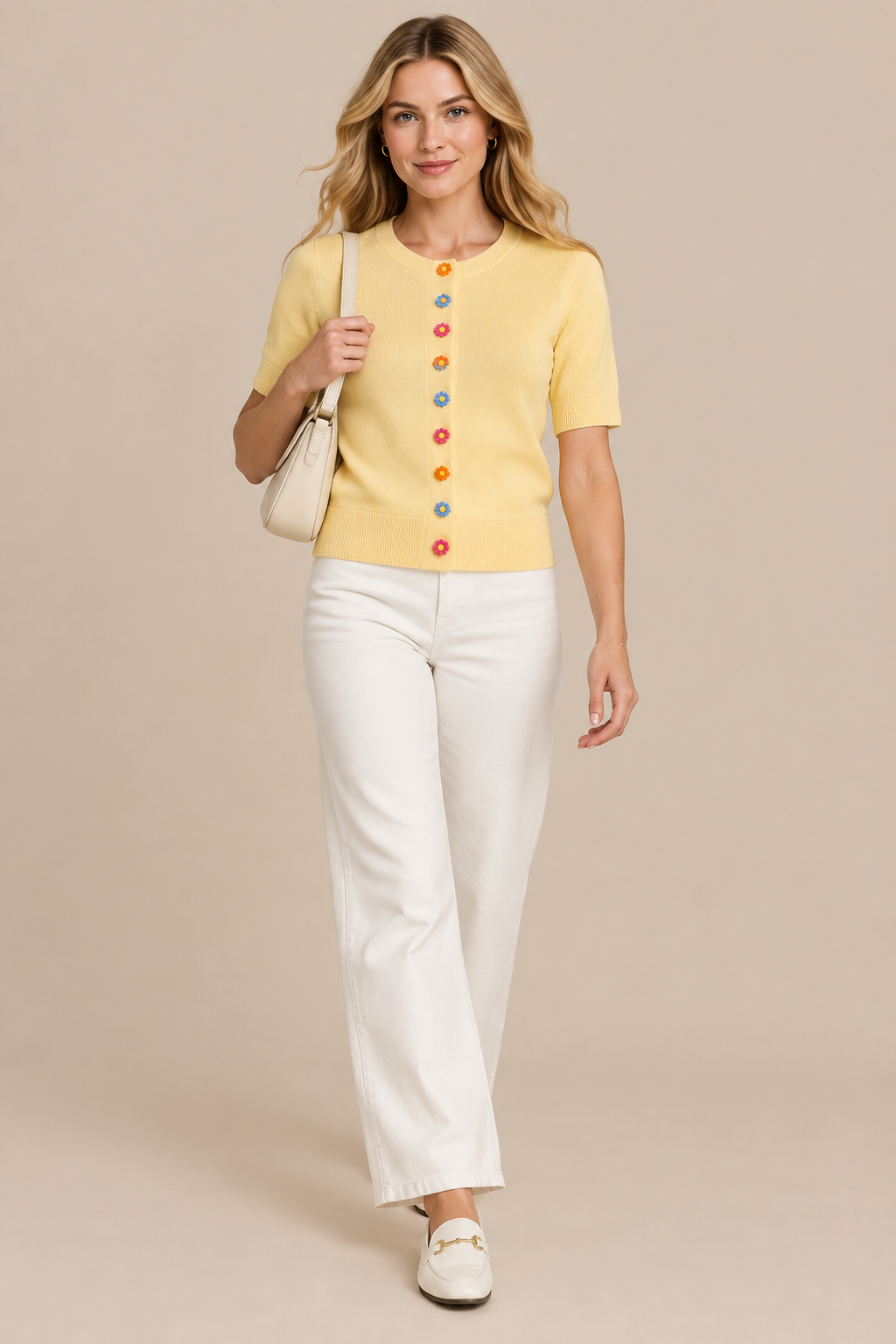 Mariel | Cardigan Damen Kurzarm mit Blumenknöpfen