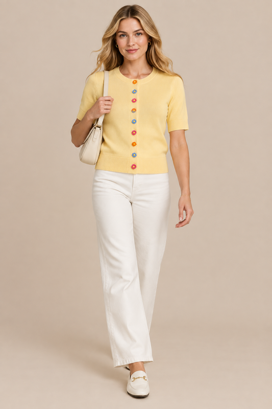 Mariel | Cardigan Damen Kurzarm mit Blumenknöpfen