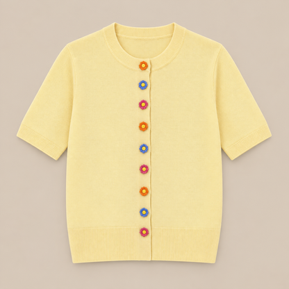 Mariel | Cardigan Damen Kurzarm mit Blumenknöpfen