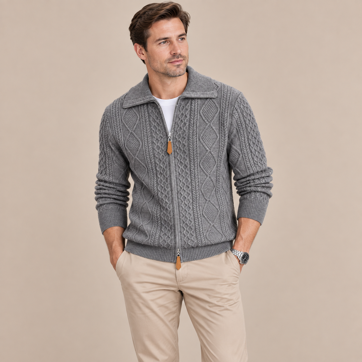 Markus | Cardigan Herren mit Zopfmuster und Reissverschluss