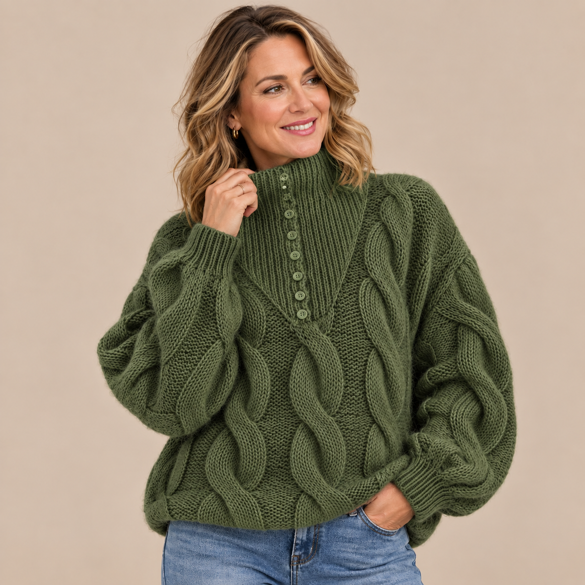 Norevia | Rollkragenpullover mit Zopfmuster und Knopfdetails
