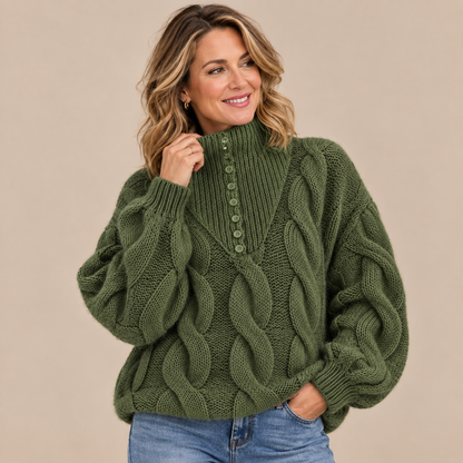 Norevia | Rollkragenpullover mit Zopfmuster und Knopfdetails