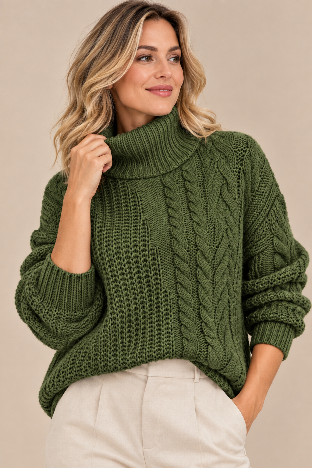 Norevia | Rollkragenpullover mit Zopfmuster und Knopfdetails