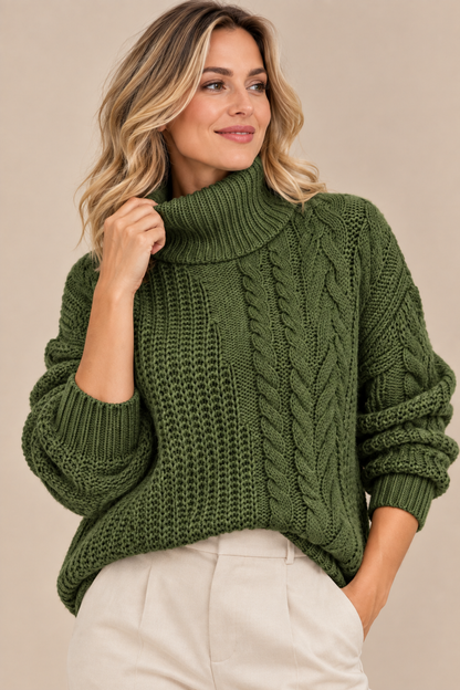 Norevia | Rollkragenpullover mit Zopfmuster und Knopfdetails