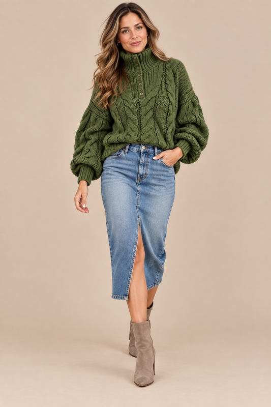 Norevia | Rollkragenpullover mit Zopfmuster und Knopfdetails