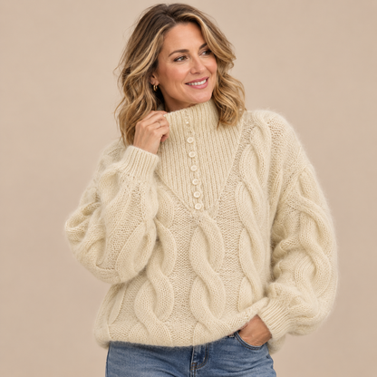 Norevia | Rollkragenpullover mit Zopfmuster und Knopfdetails