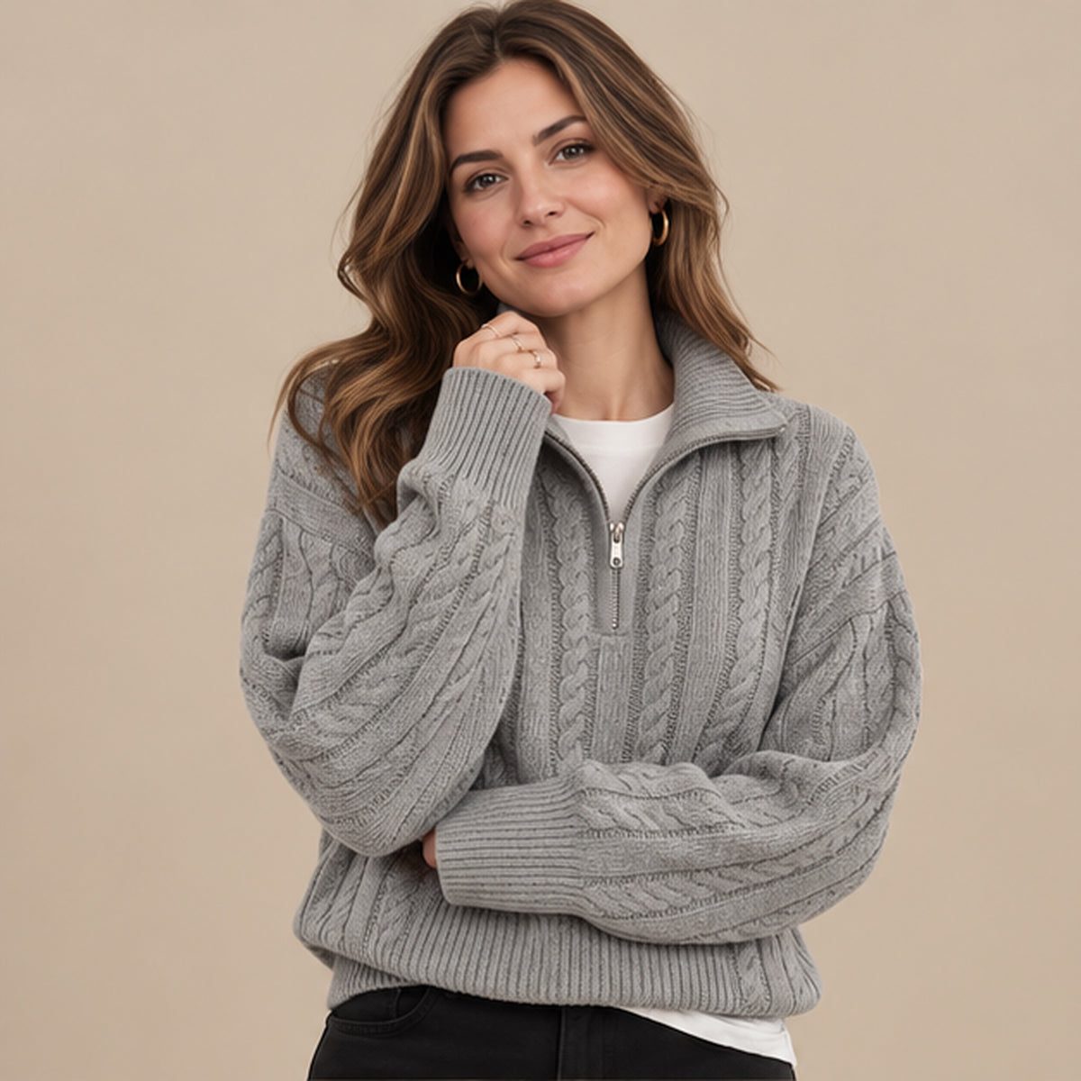 Oriana | Troyer Damen mit Zopfmuster und Reissverschluss