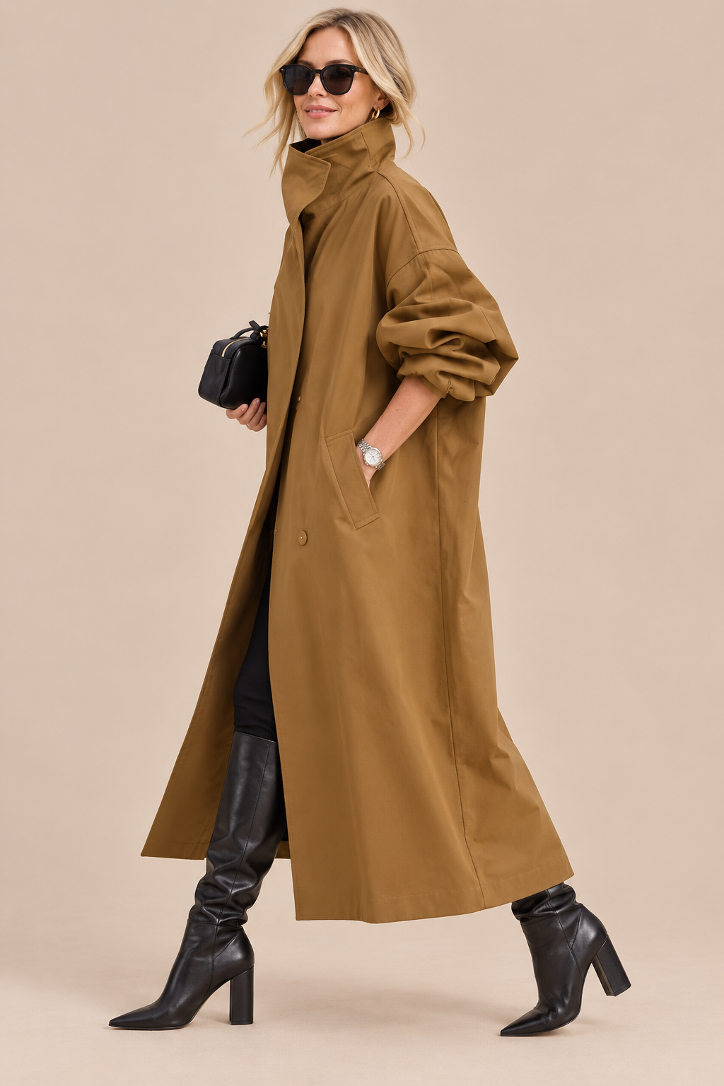 Rowena | Trenchcoat Damen mit Stehkragen und Bindegürtel