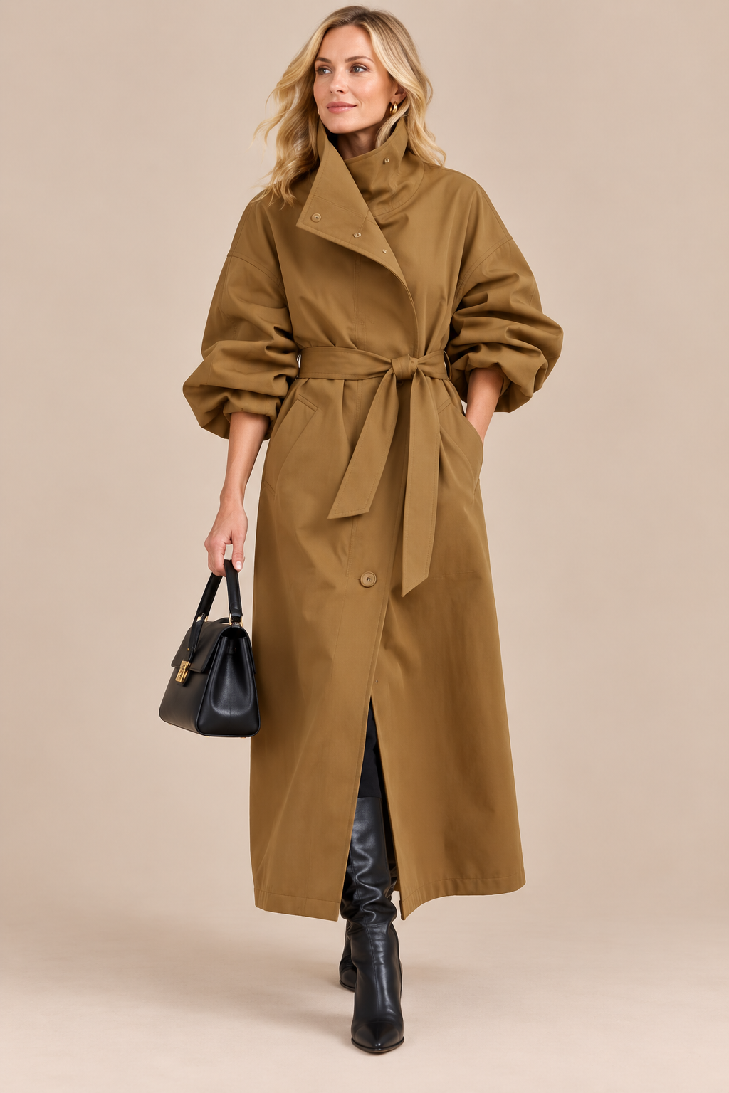 Rowena | Trenchcoat Damen mit Stehkragen und Bindegürtel
