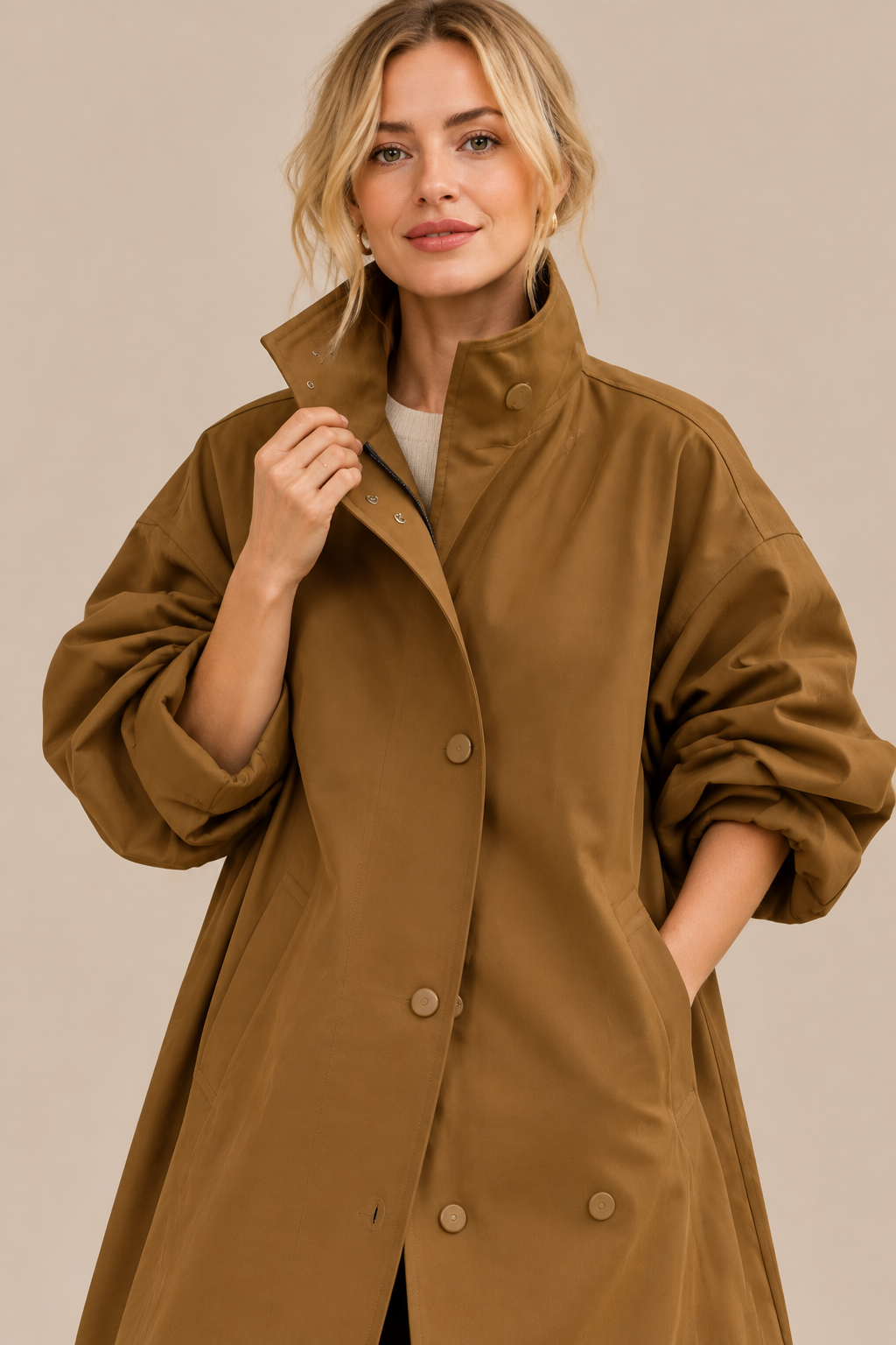 Rowena | Trenchcoat Damen mit Stehkragen und Bindegürtel