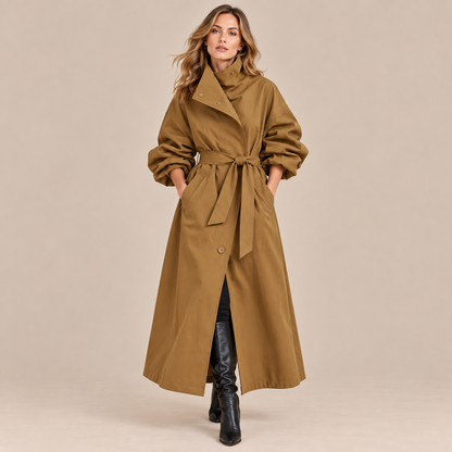 Rowena | Trenchcoat Damen mit Stehkragen und Bindegürtel