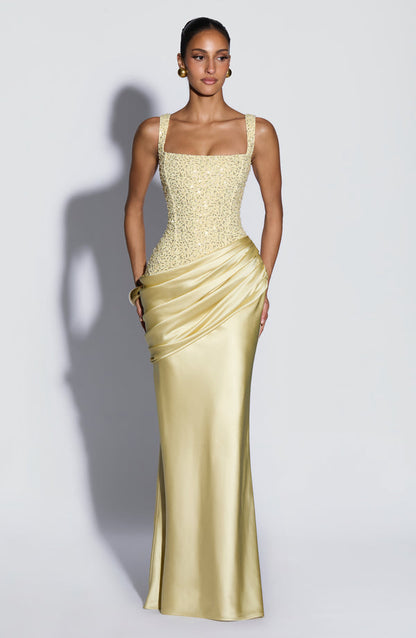 Frieda | Damen Elegantes Glitzer Korsett Drapierung Maxikleid