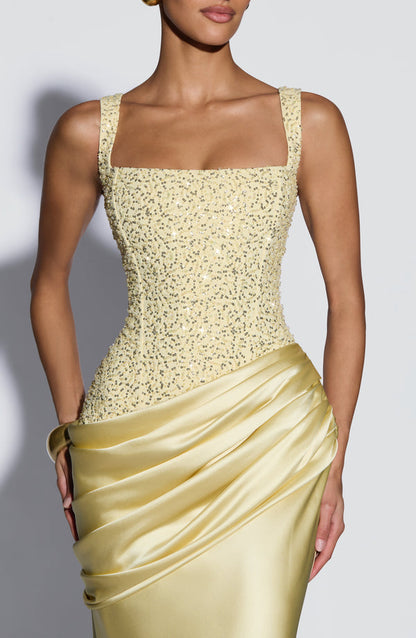 Frieda | Damen Elegantes Glitzer Korsett Drapierung Maxikleid
