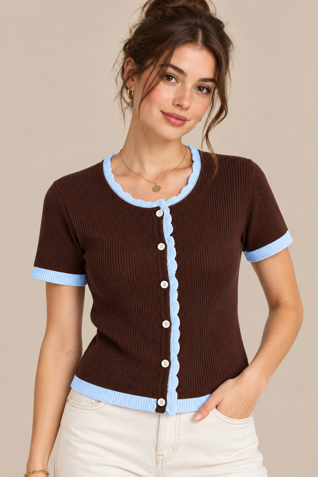 Sofia | Cardigan Damen Kurzarm mit Kontrastbesatz