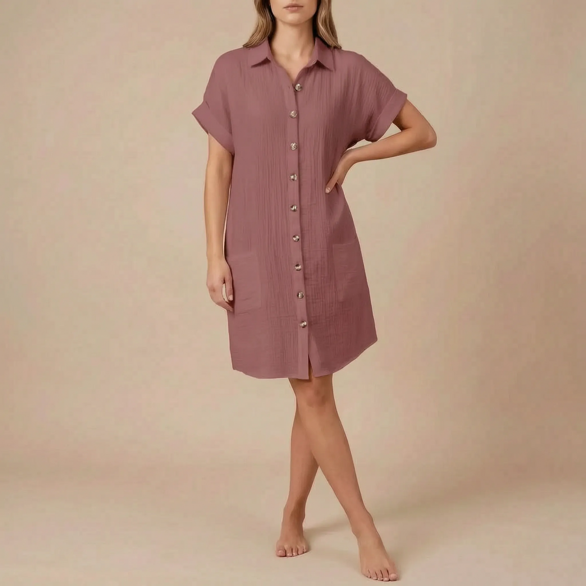 Solora | Kurzärmeliges Strukturiertes Hemdblusenkleid