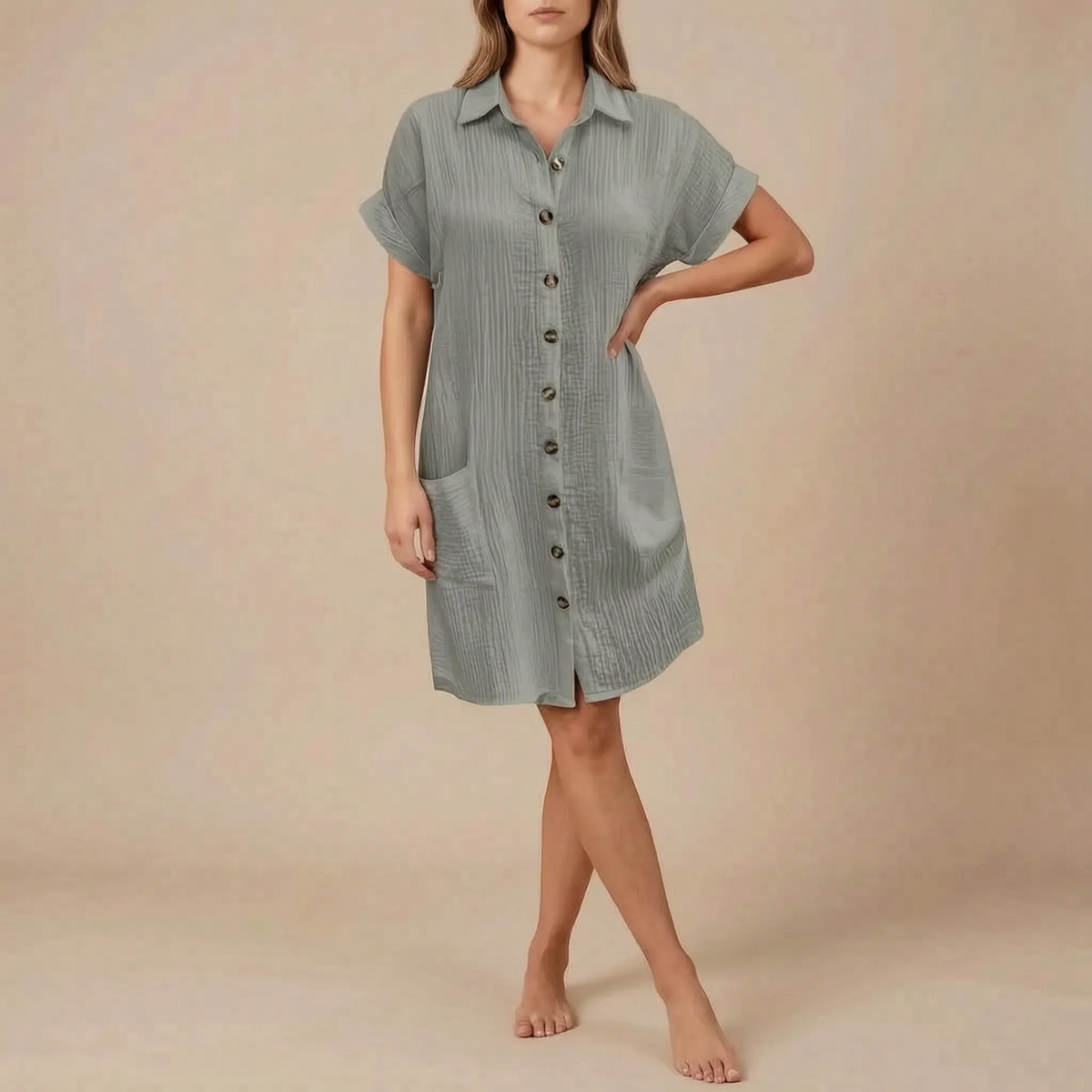 Solora | Kurzärmeliges Strukturiertes Hemdblusenkleid