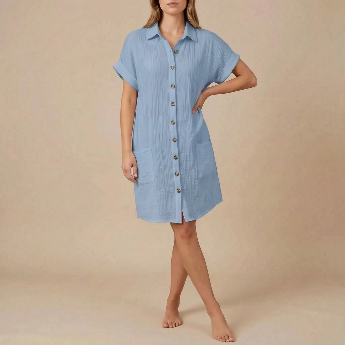Solora | Kurzärmeliges Strukturiertes Hemdblusenkleid