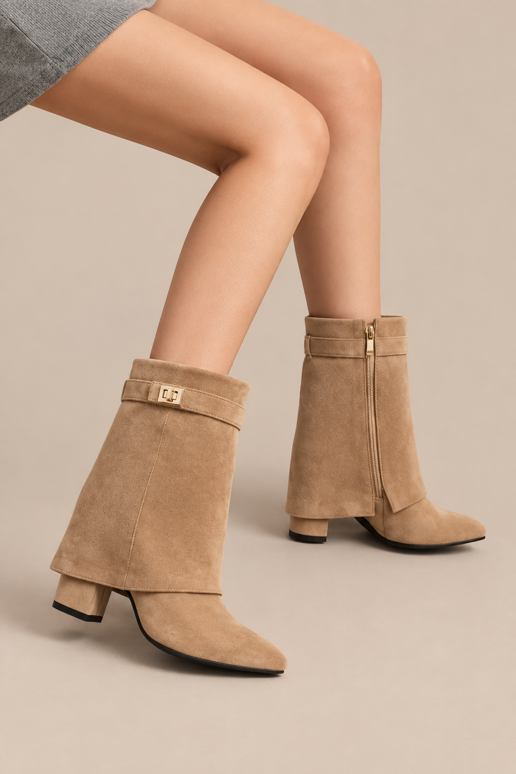 Stevie | Fold Over Boots Damen mit Blockabsatz und spitzer Form