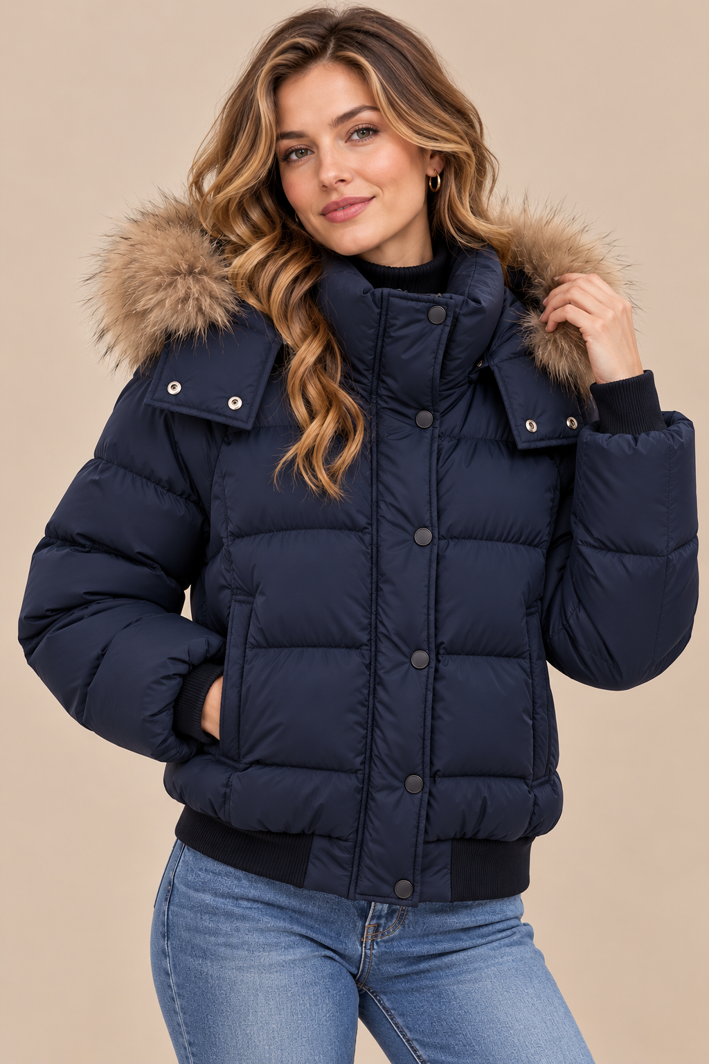 Suzane | Steppjacke Damen mit Kapuze und kunstfellbesatz