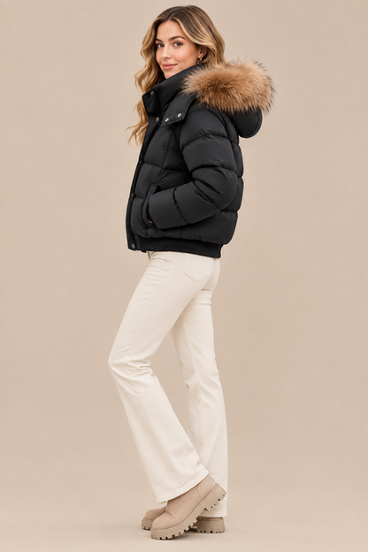 Suzane | Steppjacke Damen mit Kapuze und kunstfellbesatz