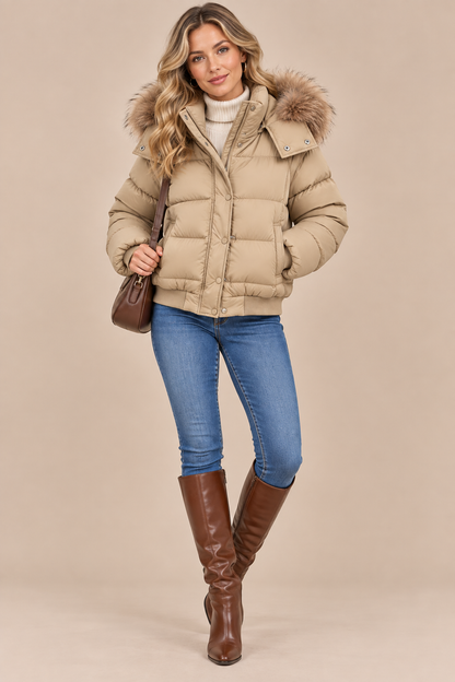 Suzane | Steppjacke Damen mit Kapuze und kunstfellbesatz