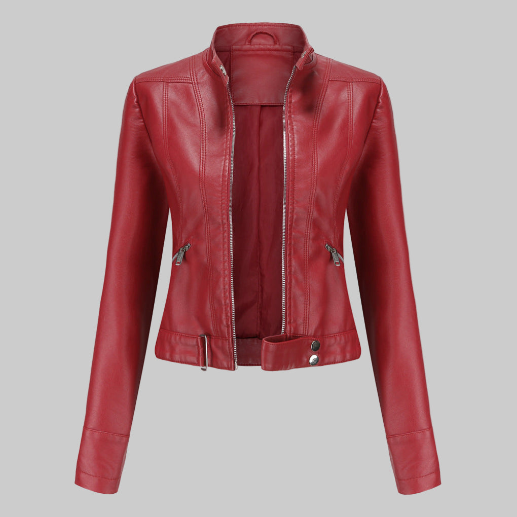 Mera | Damen Elegante Faux Leder Bikerjacke mit Gürtel